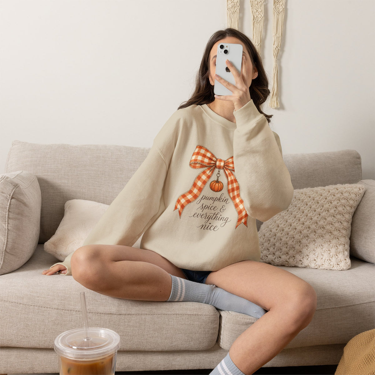 Fall Sweatshirt – “Pumpkin Spice & Everything Nice” Bow Crewneck