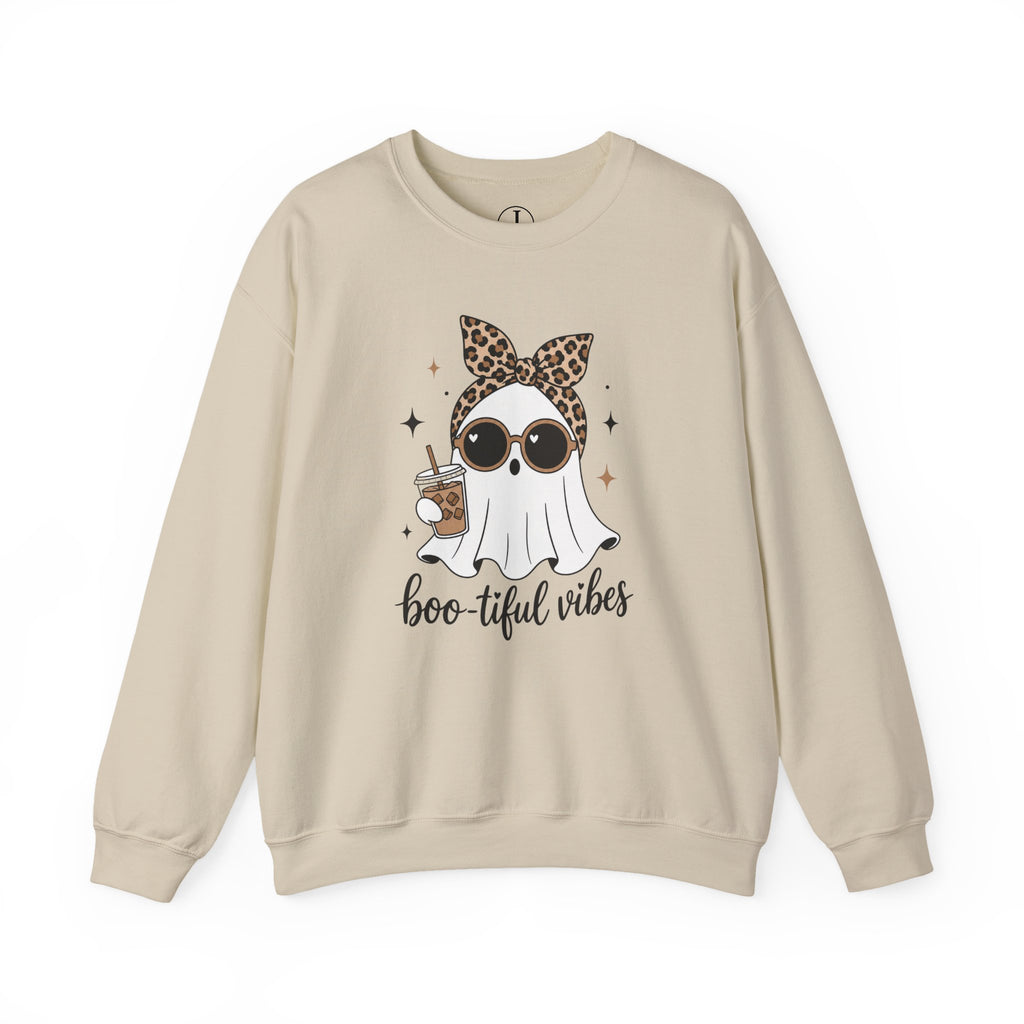 Halloween Ghost Sweatshirt – “Boo-tiful Vibes” Leopard Crewneck