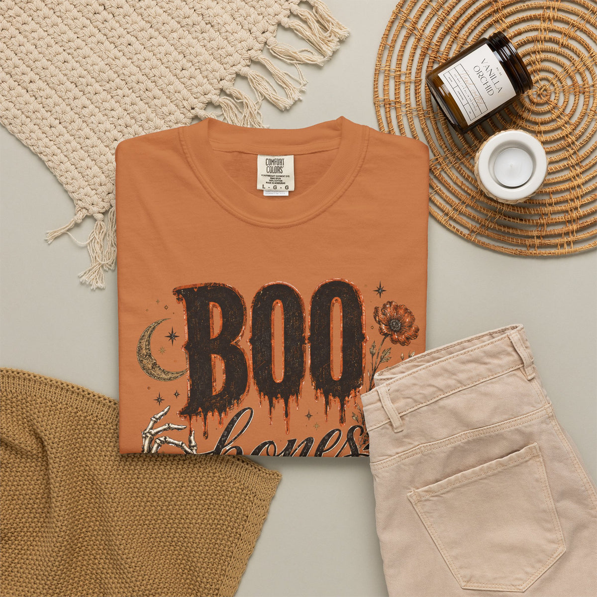 Boo, Bones & Bourbon T-Shirt — Comfort Colors-Halloween Gothic Whiskey Graphic Tee