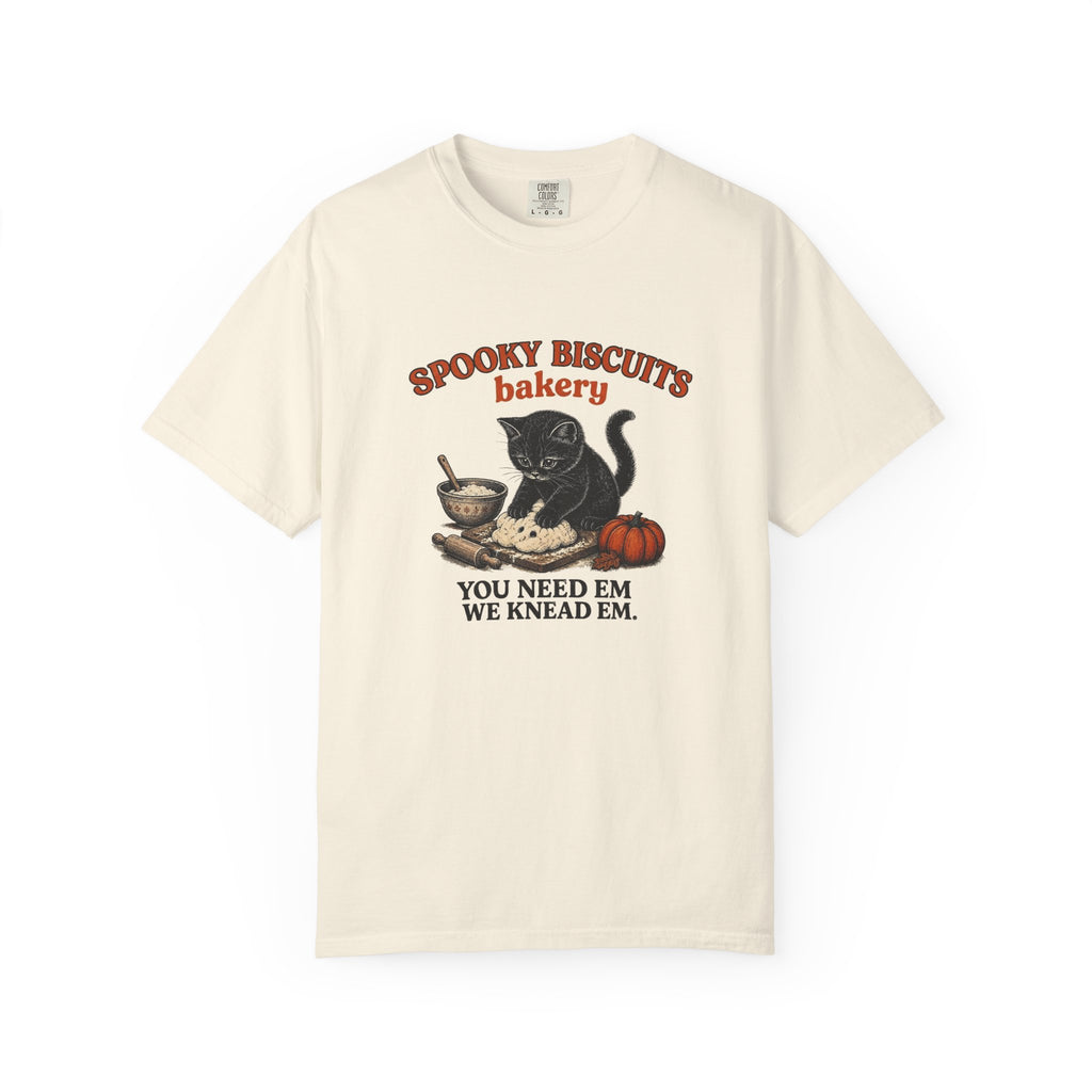 Spooky Biscuits Bakery T-Shirt — "You Need Em, We Knead Em" Halloween Cat Tee