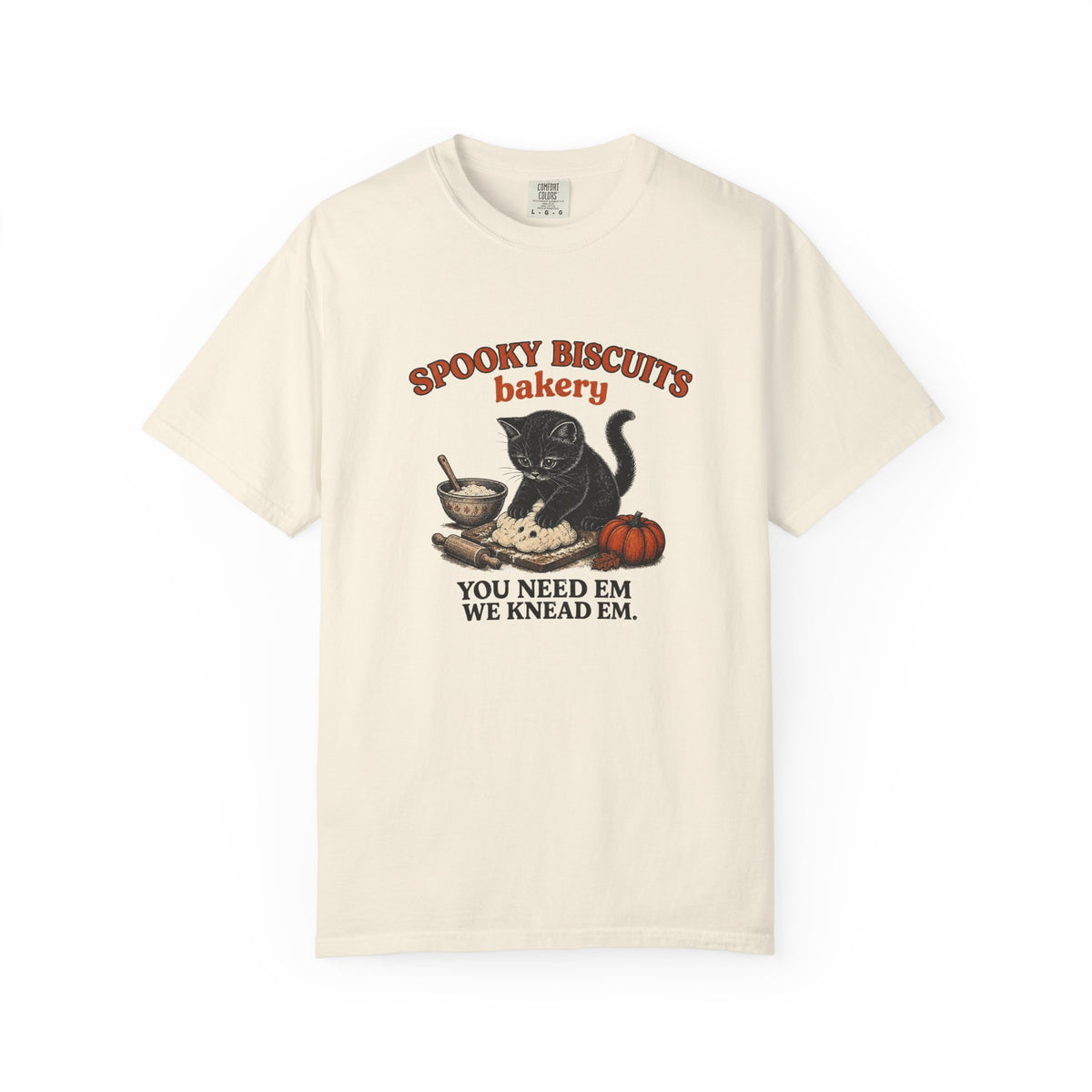 Spooky Biscuits Bakery T-Shirt — "You Need Em, We Knead Em" Halloween Cat Tee