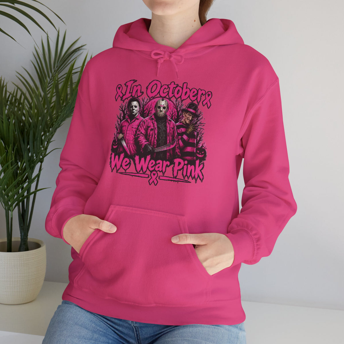In October We Wear Pink Hoodie – Horror Season Iconic Halloween Villains — Breast Cancer Awareness Hoodie —Pink Out
