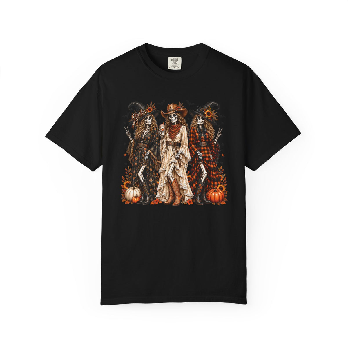 Halloween Witch Trio T‑Shirt — Autumn Pumpkin & Bat Vintage Graphic , Comfort Colors Tee
