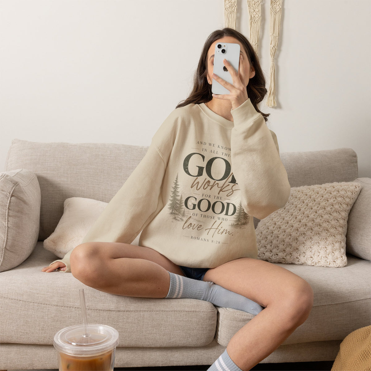 God Works for Good Christian Sweatshirt | Romans 8:28 Faith Crewneck for Women