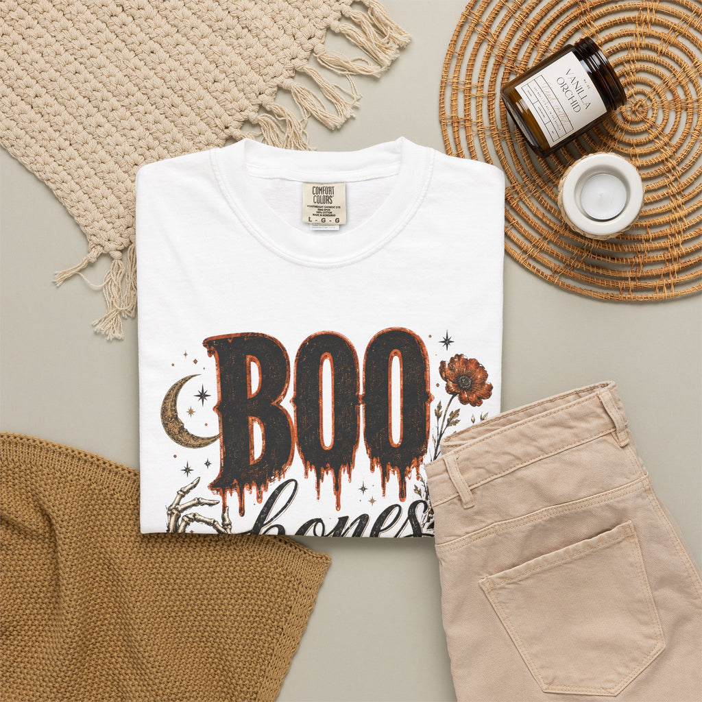 Boo, Bones & Bourbon T-Shirt — Comfort Colors-Halloween Gothic Whiskey Graphic Tee