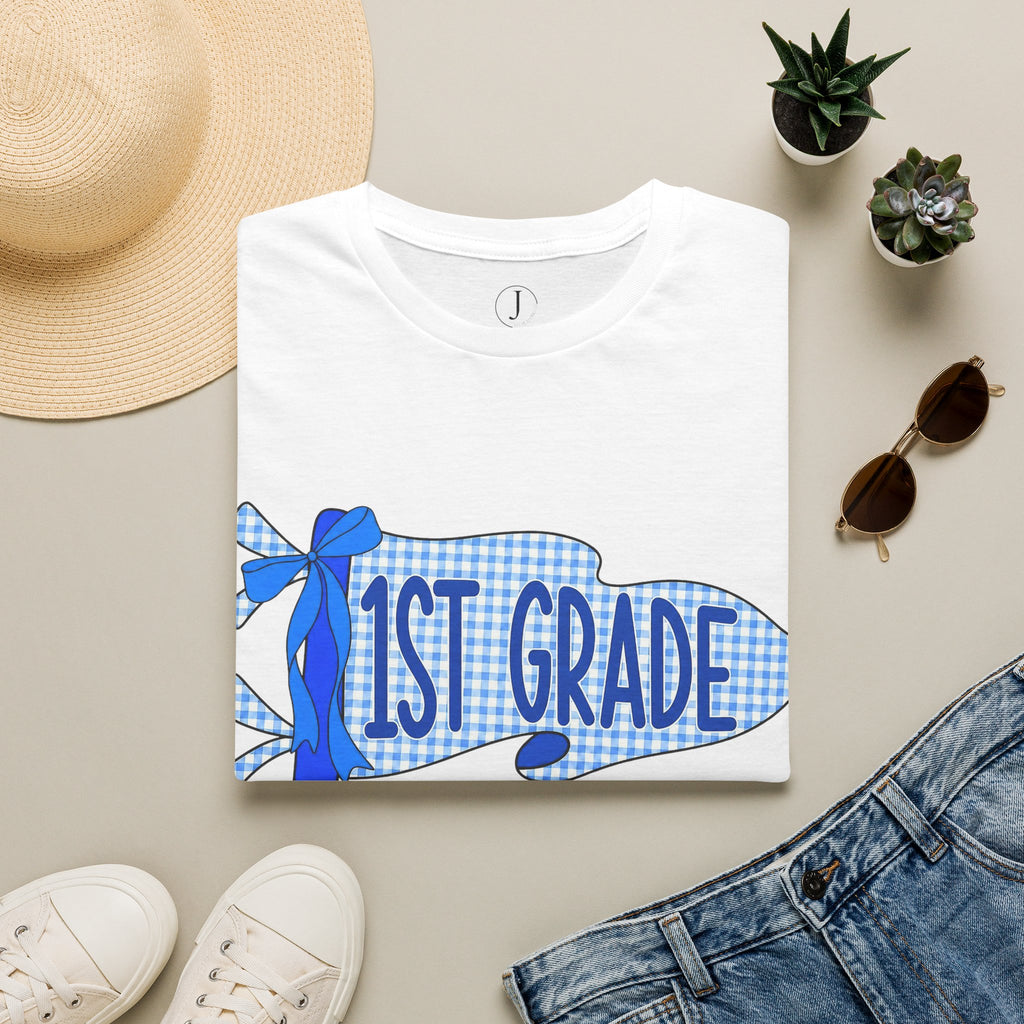 First Grade Teacher Shirt – Blue Gingham Pencil Back to School Tee