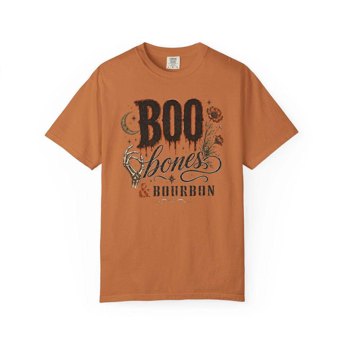 Boo, Bones & Bourbon T-Shirt — Comfort Colors-Halloween Gothic Whiskey Graphic Tee
