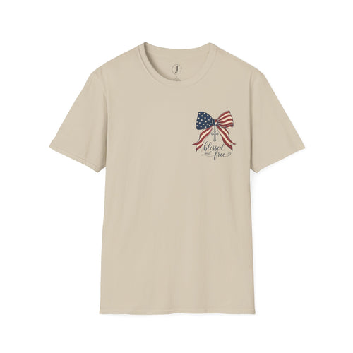 Blessed and Free Patriotic Christian T-Shirt | American Flag Bow Tee