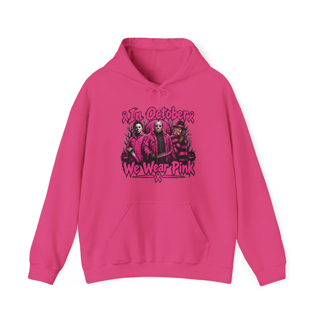 In October We Wear Pink Hoodie – Horror Season Iconic Halloween Villains — Breast Cancer Awareness Hoodie —Pink Out
