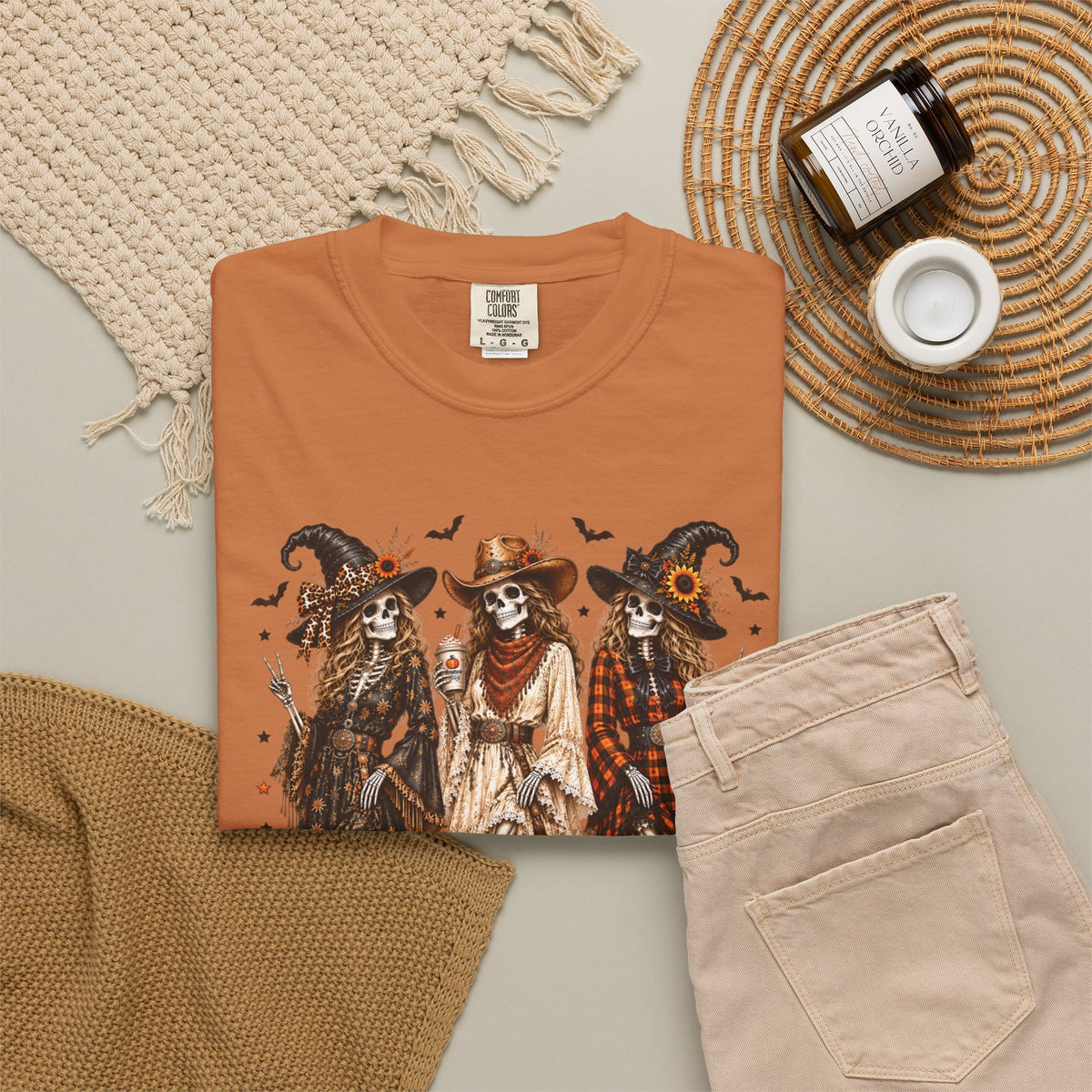 Halloween Witch Trio T‑Shirt — Autumn Pumpkin & Bat Vintage Graphic , Comfort Colors Tee