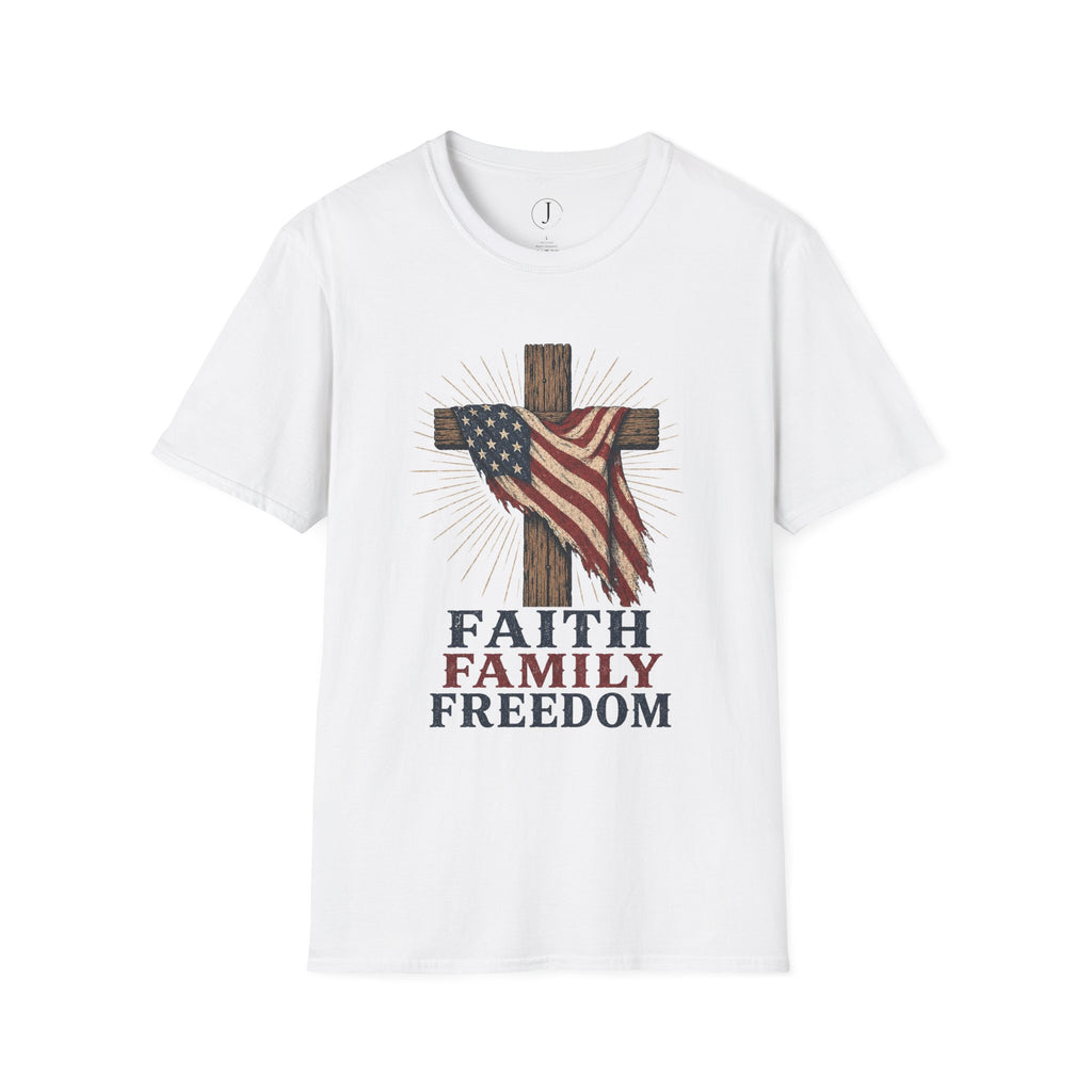 Faith Family Freedom Christian T-Shirt | American Flag Cross Patriotic Tee