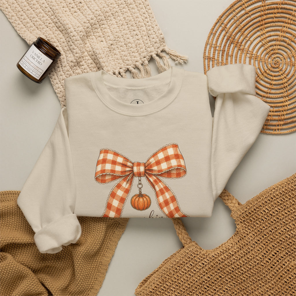 Fall Sweatshirt – “Pumpkin Spice & Everything Nice” Bow Crewneck
